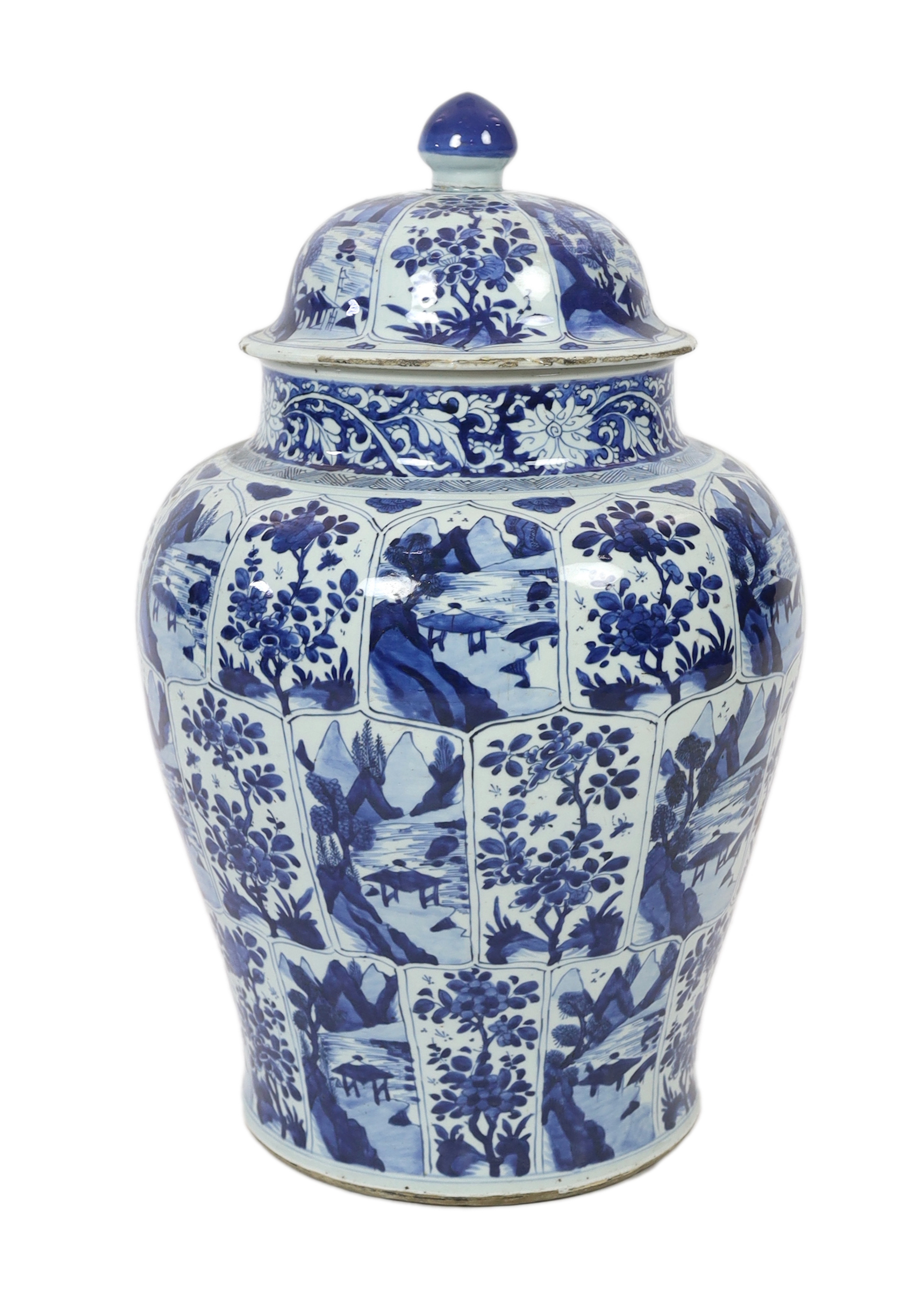 A massive Chinese blue and white jar and cover, Kangxi period, slight faults